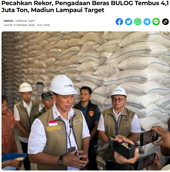 Pecahkan Rekor, Pengadaan Beras BULOG Tembus 4,1 Juta Ton, Madiun Lampaui Target