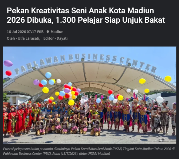 Pekan Kreativitas Seni Anak Kota Madiun 2026 Dibuka, 1.300 Pelajar Siap Unjuk Bakat