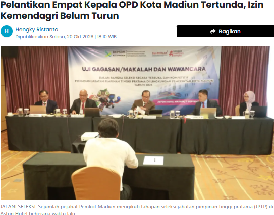 Pelantikan Empat Kepala OPD Kota Madiun Tertunda, Izin Kemendagri Belum Turun