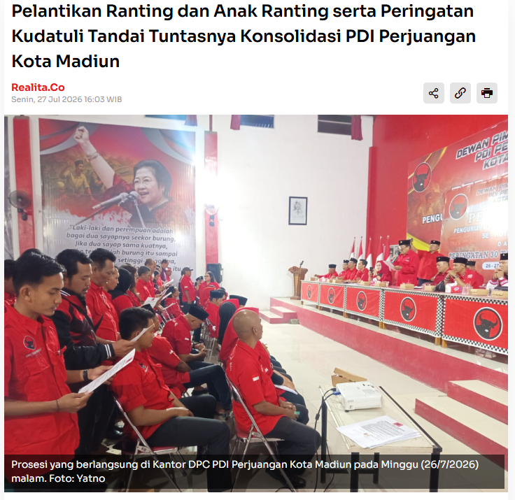 Pelantikan Ranting dan Anak Ranting serta Peringatan Kudatuli Tandai Tuntasnya Konsolidasi PDI Perjuangan Kota Madiun