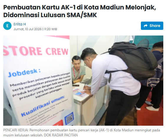 Pembuatan Kartu AK-1 di Kota Madiun Melonjak, Didominasi Lulusan SMA/SMK