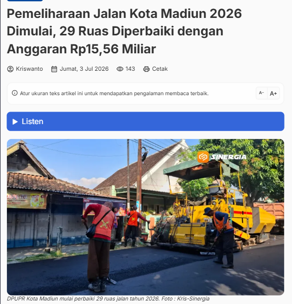 Pemeliharaan Jalan Kota Madiun 2026 Dimulai, 29 Ruas Diperbaiki dengan Anggaran Rp15,56 Miliar