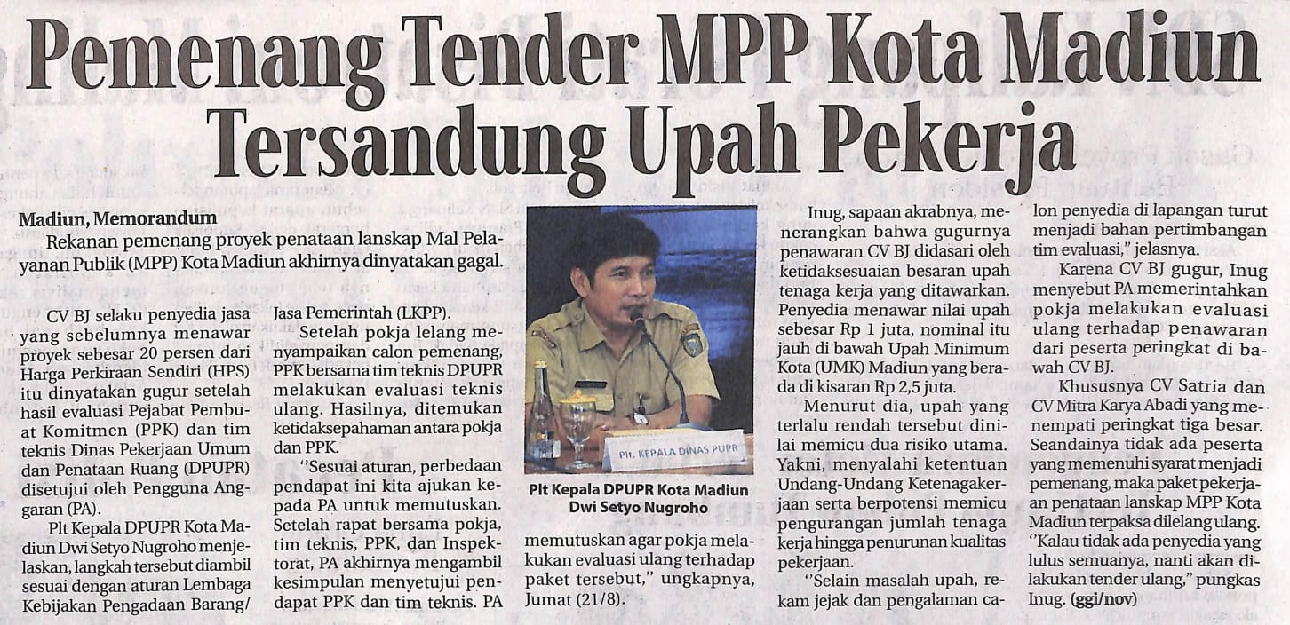 Pemenang Tender MPP Kota Madiun Tersandung Upah Pekerja