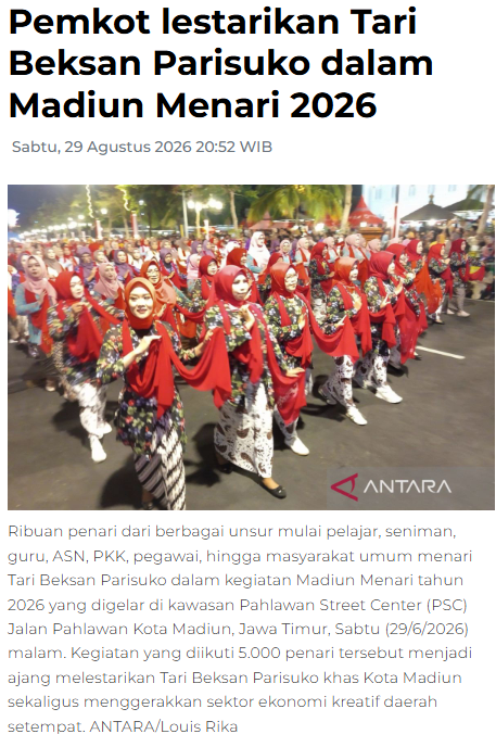 Pemkot lestarikan Tari Beksan Parisuko dalam Madiun Menari 2026