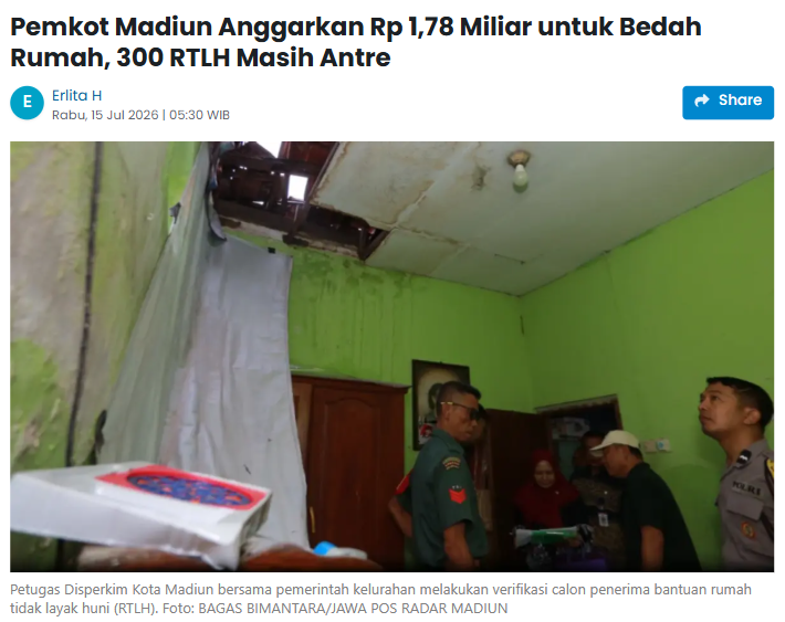 Pemkot Madiun Anggarkan Rp 1,78 Miliar untuk Bedah Rumah, 300 RTLH Masih Antre