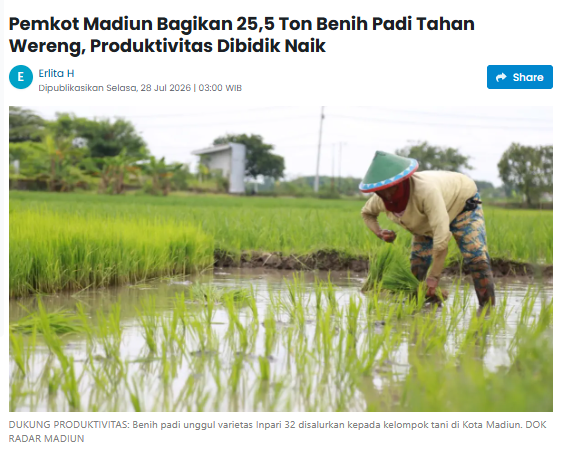 Pemkot Madiun Bagikan 25,5 Ton Benih Padi Tahan Wereng, Produktivitas Dibidik Naik