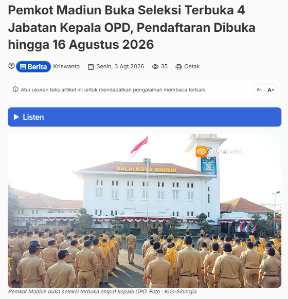 Pemkot Madiun Buka Seleksi Terbuka 4 Jabatan Kepala OPD, Pendaftaran Dibuka hingga 16 Agustus 2026