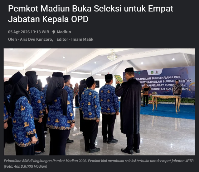 Pemkot Madiun Buka Seleksi untuk Empat Jabatan Kepala OPD