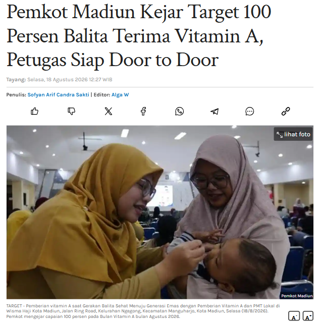 Pemkot Madiun Kejar Target 100 Persen Balita Terima Vitamin A, Petugas Siap Door to Door