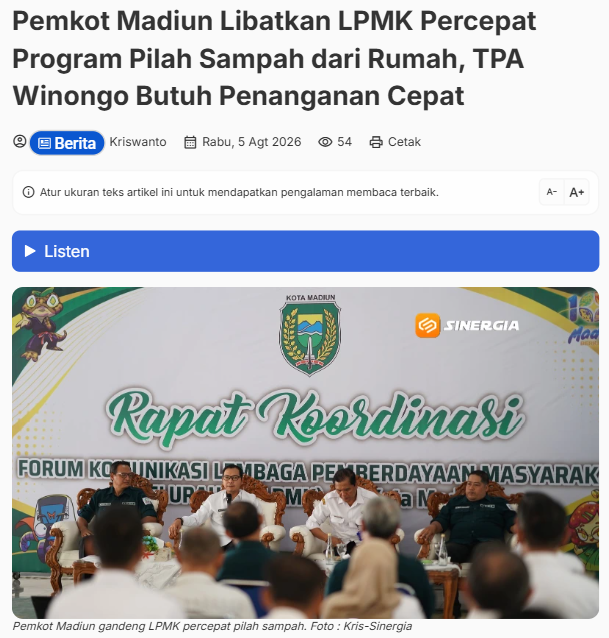 Pemkot Madiun Libatkan LPMK Percepat Program Pilah Sampah dari Rumah, TPA Winongo Butuh Penanganan Cepat