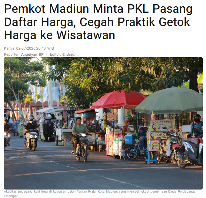 Pemkot Madiun Minta PKL Pasang Daftar Harga, Cegah Praktik Getok Harga ke Wisatawan