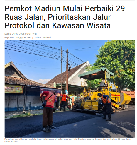 Pemkot Madiun Mulai Perbaiki 29 Ruas Jalan, Prioritaskan Jalur Protokol dan Kawasan Wisata