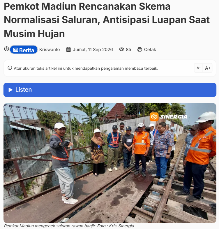 Pemkot Madiun Rencanakan Skema Normalisasi Saluran, Antisipasi Luapan Saat Musim Hujan