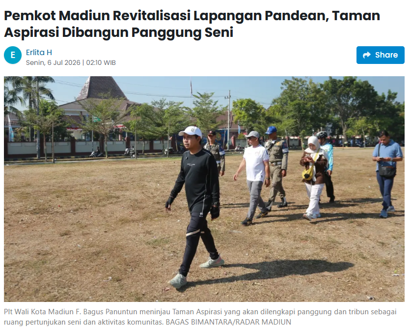 Pemkot Madiun Revitalisasi Lapangan Pandean, Taman Aspirasi Dibangun Panggung Seni