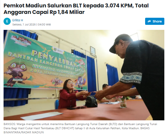 Pemkot Madiun Salurkan BLT kepada 3.074 KPM, Total Anggaran Capai Rp 1,84 Miliar