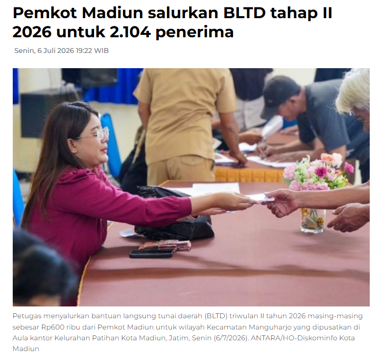 Pemkot Madiun salurkan BLTD tahap II 2026 untuk 2.104 penerima