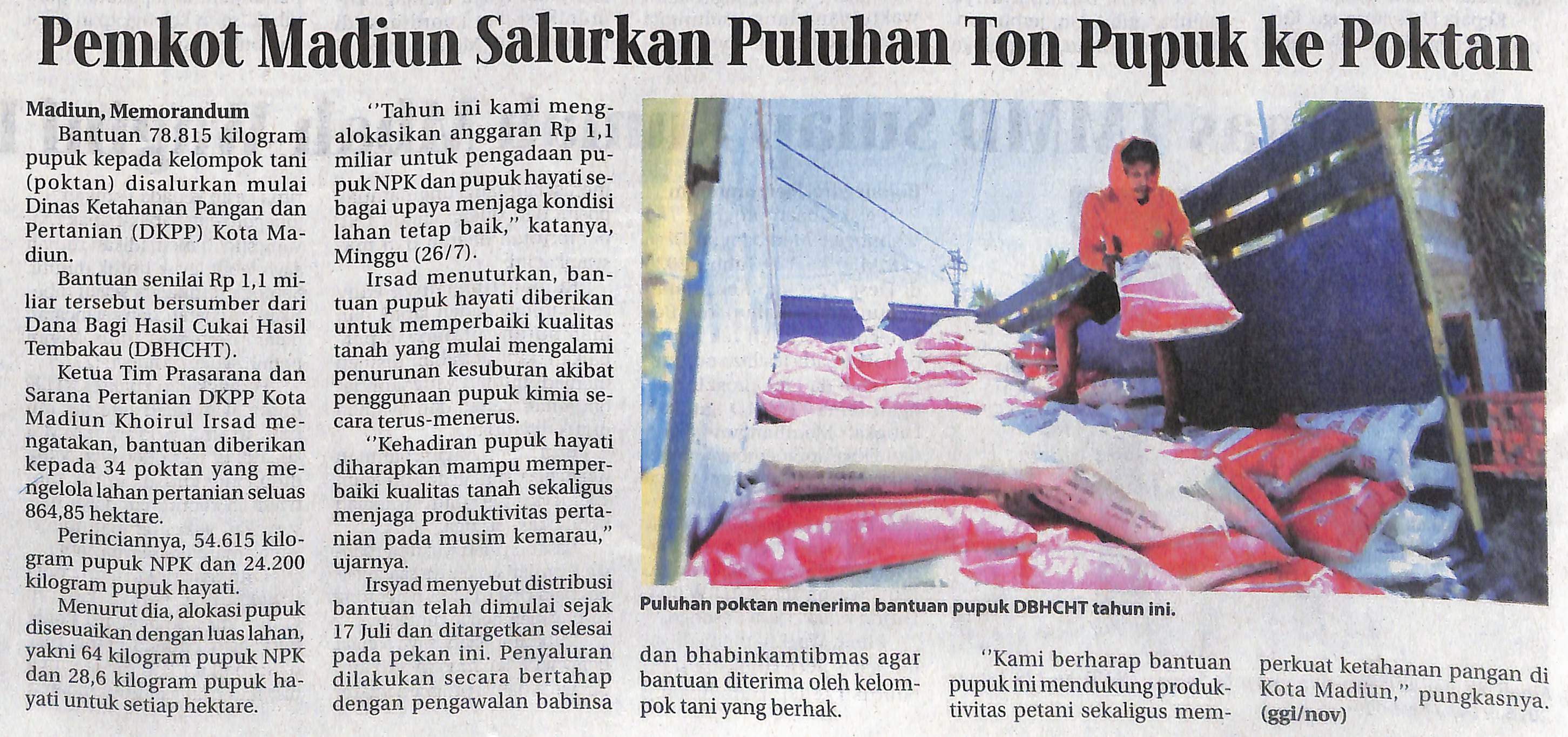 Pemkot Madiun Salurkan Puluhan Ton Pupuk ke Poktan