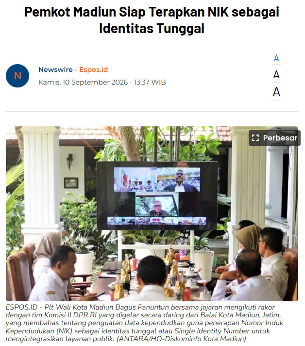 Pemkot Madiun Siap Terapkan NIK sebagai Identitas Tunggal