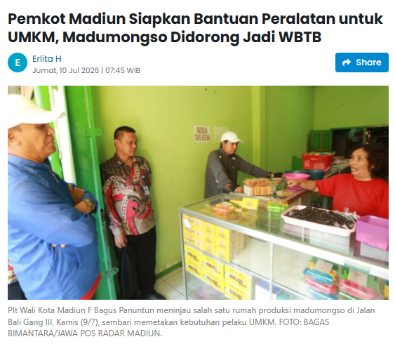 Pemkot Madiun Siapkan Bantuan Peralatan untuk UMKM, Madumongso Didorong Jadi WBTB