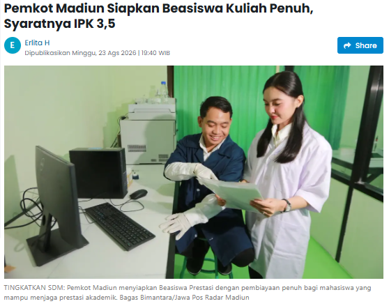 Pemkot Madiun Siapkan Beasiswa Kuliah Penuh, Syaratnya IPK 3,5
