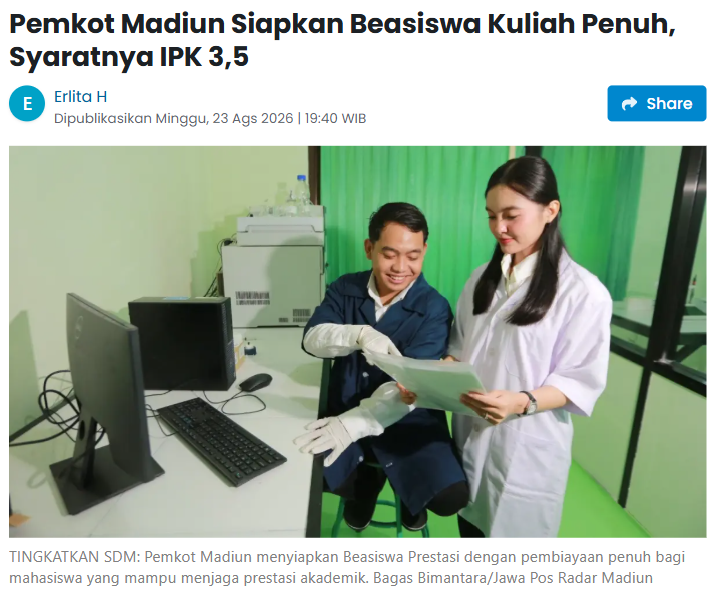 Pemkot Madiun Siapkan Beasiswa Kuliah Penuh, Syaratnya IPK 3,5