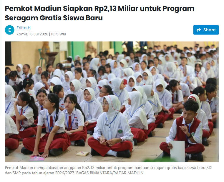 Pemkot Madiun Siapkan Rp2,13 Miliar untuk Program Seragam Gratis Siswa Baru