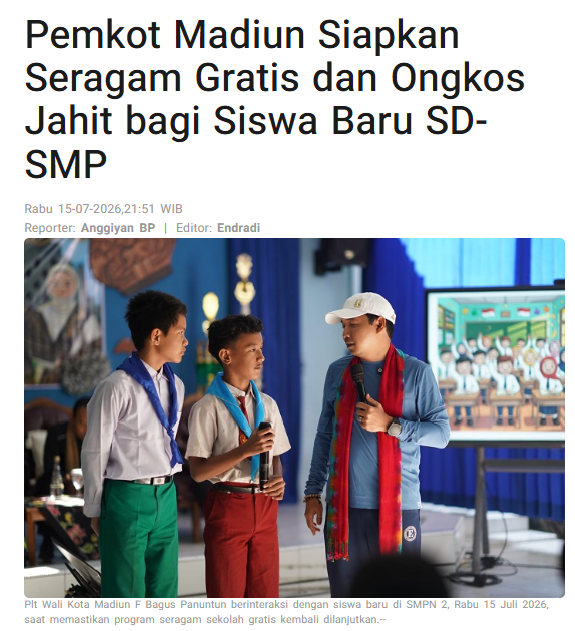 Pemkot Madiun Siapkan Seragam Gratis dan Ongkos Jahit bagi Siswa Baru SD-SMP