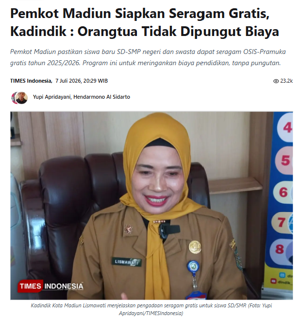 Pemkot Madiun Siapkan Seragam Gratis, Kadindik : Orangtua Tidak Dipungut Biaya