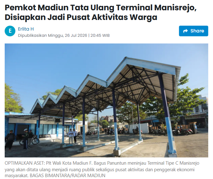 Pemkot Madiun Tata Ulang Terminal Manisrejo, Disiapkan Jadi Pusat Aktivitas Warga