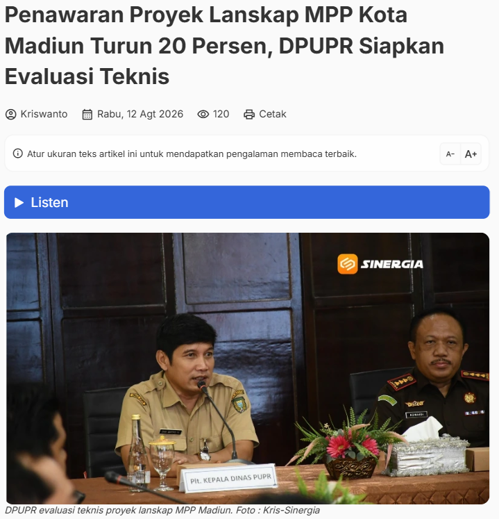 Penawaran Proyek Lanskap MPP Kota Madiun Turun 20 Persen, DPUPR Siapkan Evaluasi Teknis