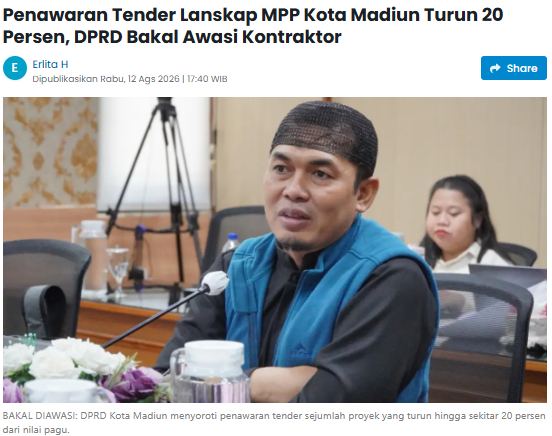 Penawaran Tender Lanskap MPP Kota Madiun Turun 20 Persen, DPRD Bakal Awasi Kontraktor