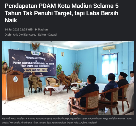 Pendapatan PDAM Kota Madiun Selama 5 Tahun Tak Penuhi Target, tapi Laba Bersih Naik