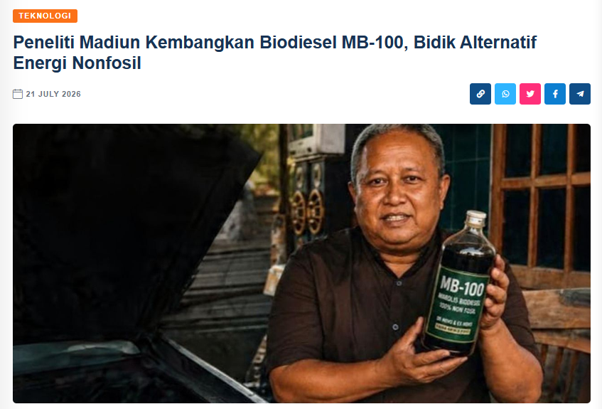 Peneliti Madiun Kembangkan Biodiesel MB-100, Bidik Alternatif Energi Nonfosil