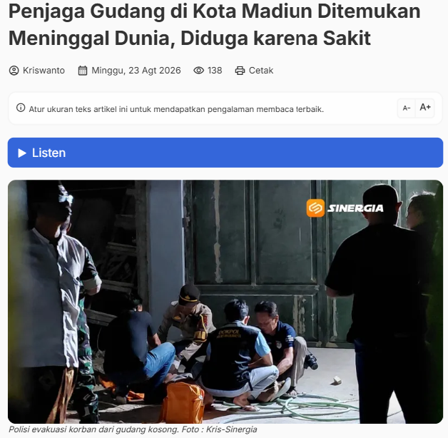 Penjaga Gudang di Kota Madiun Ditemukan Meninggal Dunia, Diduga karena Sakit