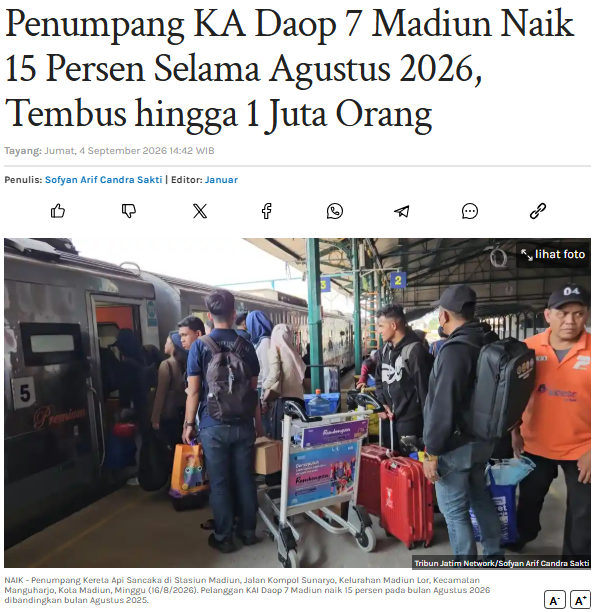 Penumpang KA Daop 7 Madiun Naik 15 Persen Selama Agustus 2026, Tembus hingga 1 Juta Orang