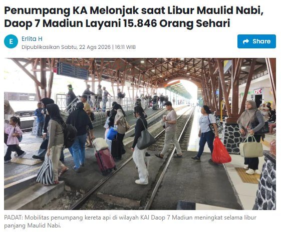 Penumpang KA Melonjak saat Libur Maulid Nabi, Daop 7 Madiun Layani 15.846 Orang Sehari