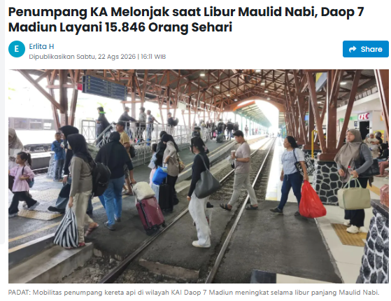 Penumpang KA Melonjak saat Libur Maulid Nabi, Daop 7 Madiun Layani 15.846 Orang Sehari