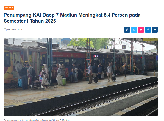 Penumpang KAI Daop 7 Madiun Meningkat 5,4 Persen pada Semester I Tahun 2026
