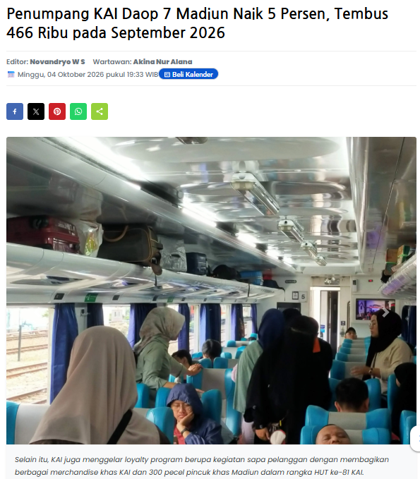 Penumpang KAI Daop 7 Madiun Naik 5 Persen, Tembus 466 Ribu pada September 2026