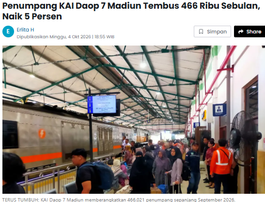 Penumpang KAI Daop 7 Madiun Tembus 466 Ribu Sebulan, Naik 5 Persen