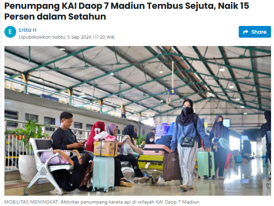 Penumpang KAI Daop 7 Madiun Tembus Sejuta, Naik 15 Persen dalam Setahun