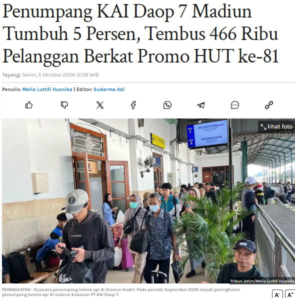 Penumpang KAI Daop 7 Madiun Tumbuh 5 Persen, Tembus 466 Ribu Pelanggan Berkat Promo HUT ke-81
