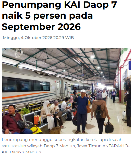 Penumpang KAI Daop 7 naik 5 persen pada September 2026