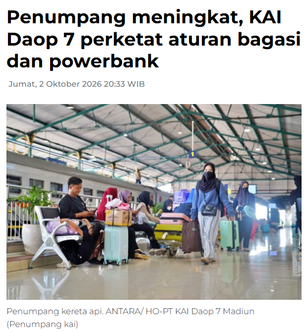 Penumpang meningkat, KAI Daop 7 perketat aturan bagasi dan powerbank