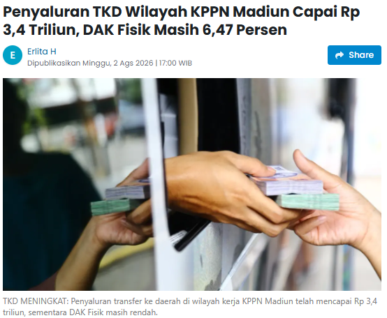 Penyaluran TKD Wilayah KPPN Madiun Capai Rp 3,4 Triliun, DAK Fisik Masih 6,47 Persen