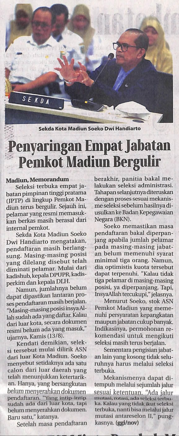 Penyaringan Empat Jabatan Pemkot Madiun Bergulir