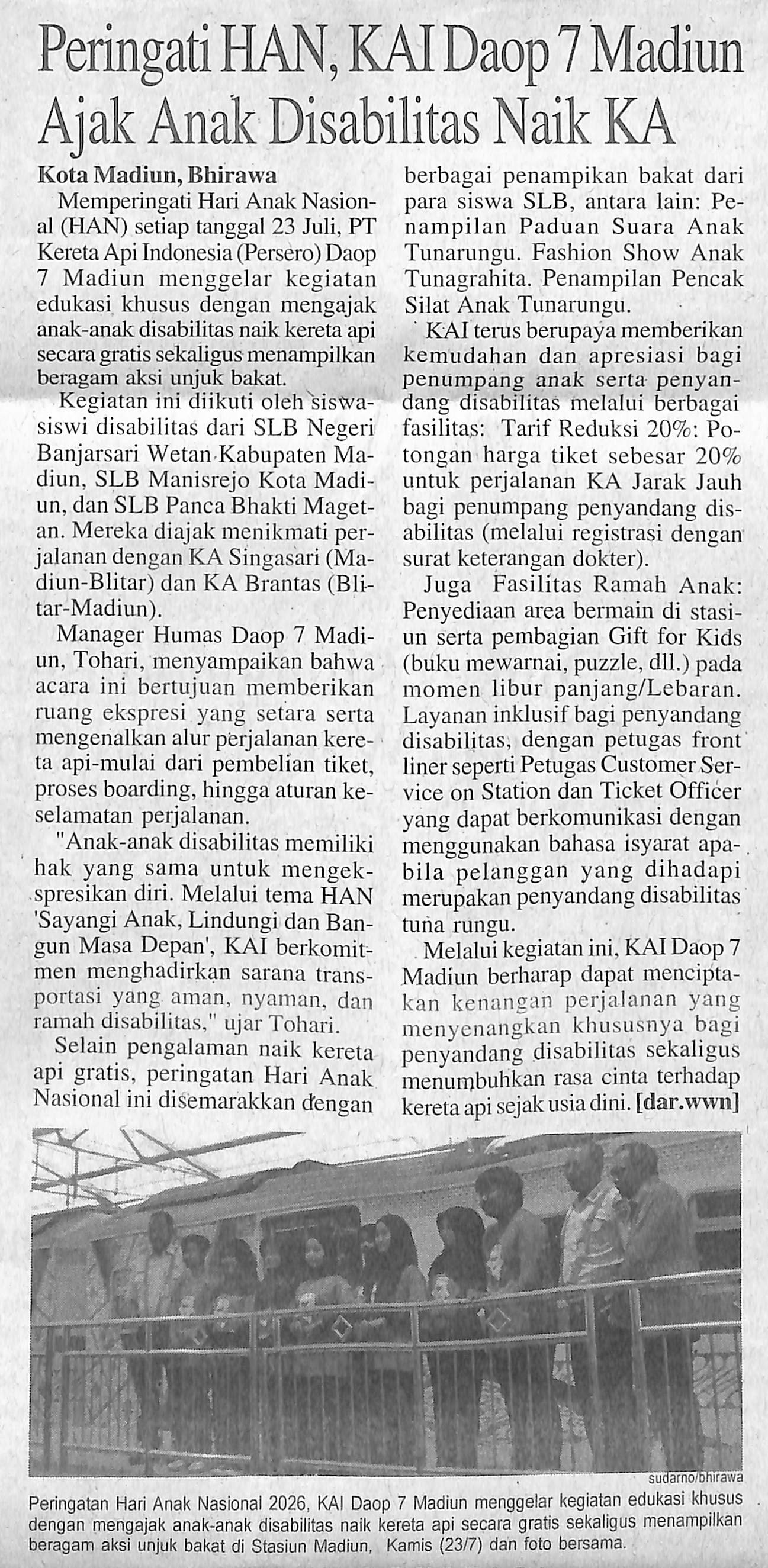 Peringati HAN, KAI Daop 7 Madiun Ajak Anak Disabilitas Naik KA