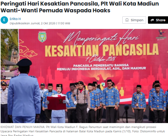 Peringati Hari Kesaktian Pancasila, Plt Wali Kota Madiun Wanti-Wanti Pemuda Waspada Hoaks