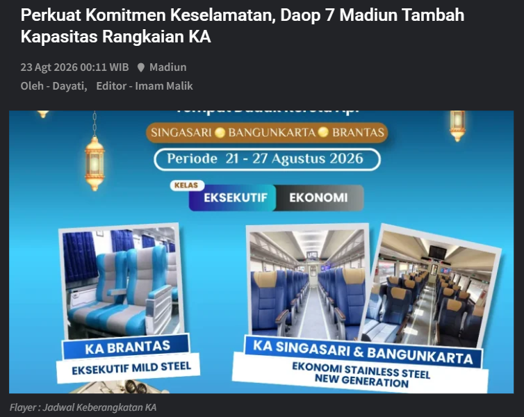 Perkuat Komitmen Keselamatan, Daop 7 Madiun Tambah Kapasitas Rangkaian KA