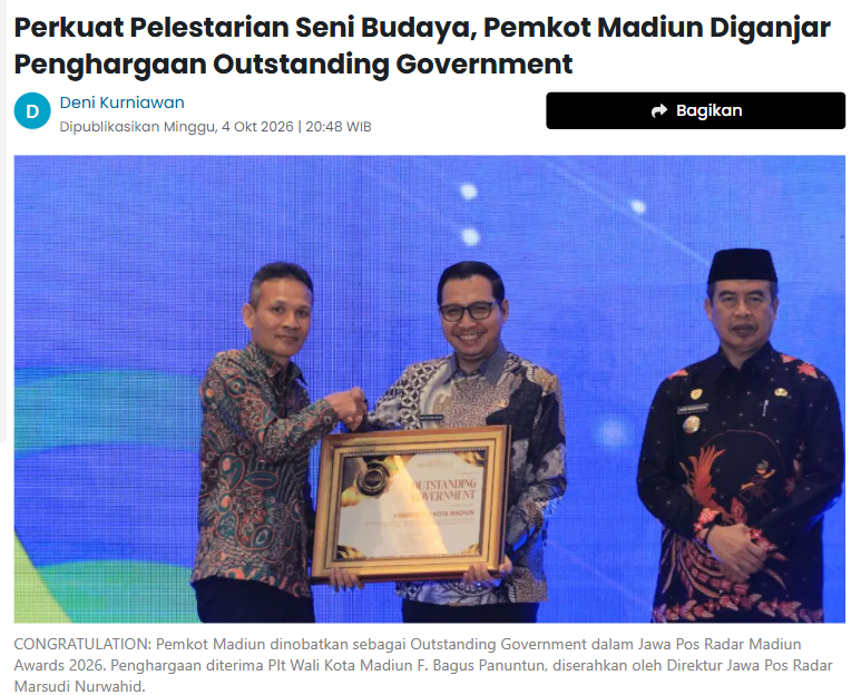 Perkuat Pelestarian Seni Budaya, Pemkot Madiun Diganjar Penghargaan Outstanding Government